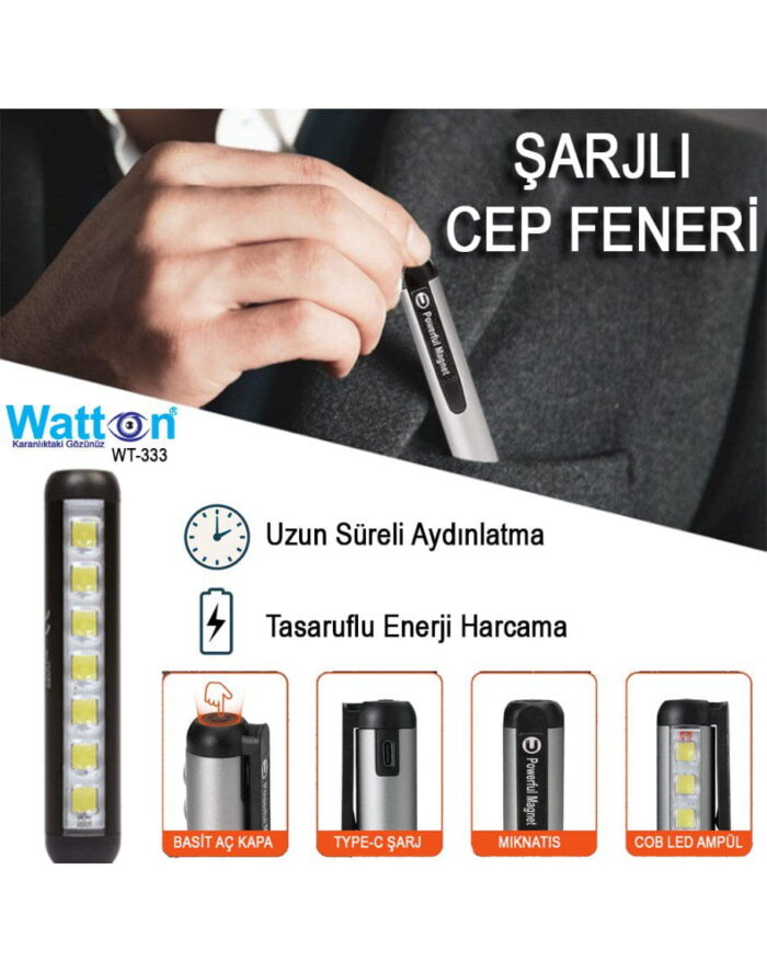 TYPE-C Girişli Mıknatıslı Şarjlı Cep Feneri WATTON WT-333 - Görsel 2