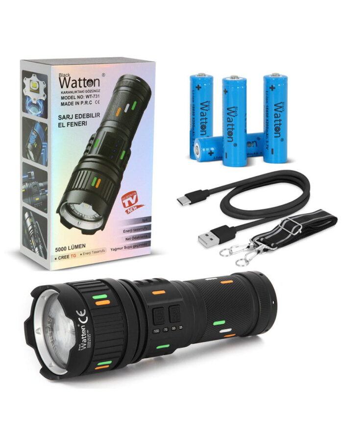 5000 LÜMEN CREE TG LED ŞARJ GÖSTERGELİ EL FENERİ WATTON WT-731 - Görsel 2