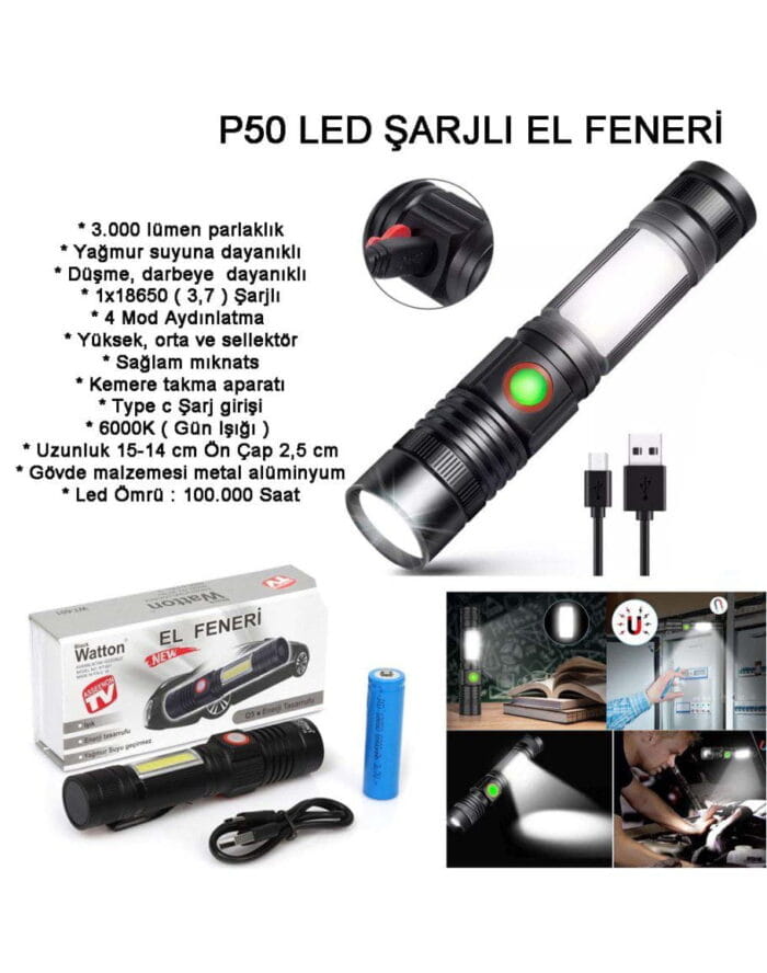 Geniş Açılı P50 Led Şarjlı EL Feneri Watton Wt-601 - Görsel 2