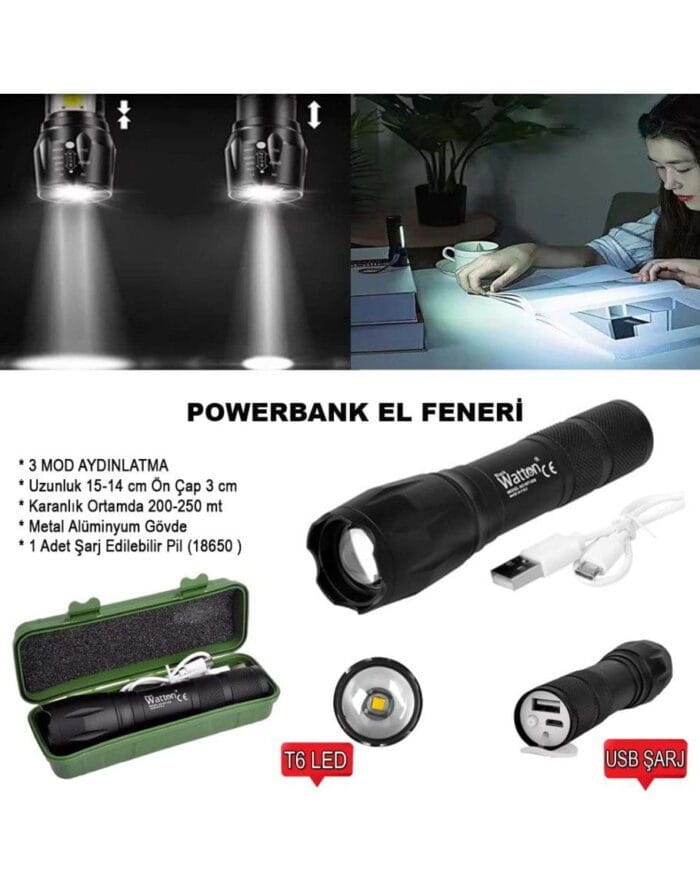 Powerbank Özellikli Uzun Menzilli EL Feneri Watton Wt-039 - Görsel 2