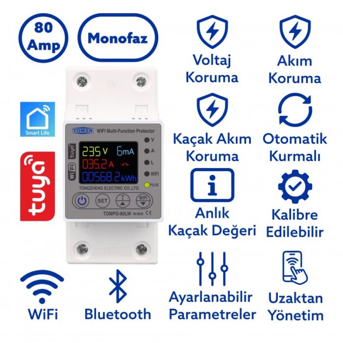 Tomzn 80A Akıllı Kaçak Akım Rölesi WiFi – Voltaj ve Akım Koruma Rölesi (Monofaz, 10mA-99mA) - Görsel 2