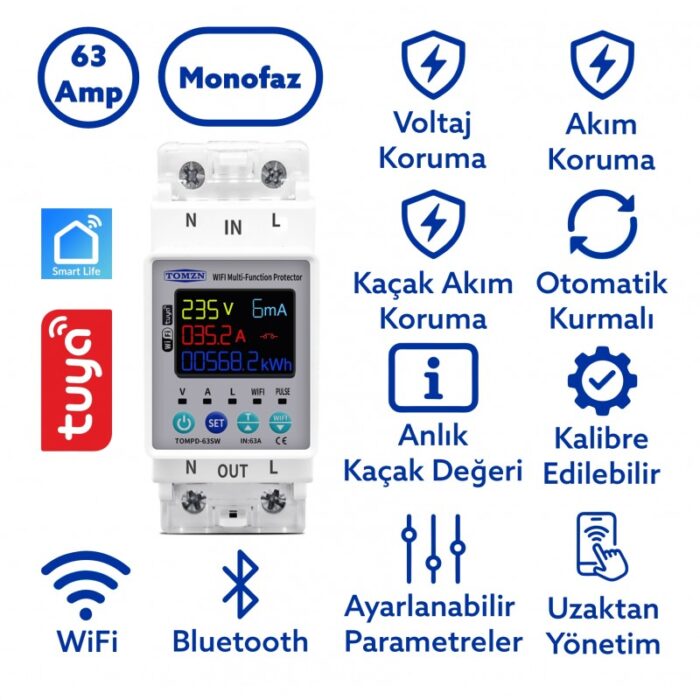 Tomzn TOMPD-63SW Akıllı Kaçak Akım Rölesi 63A WiFi – Voltaj ve Akım Koruma Rölesi - Görsel 2
