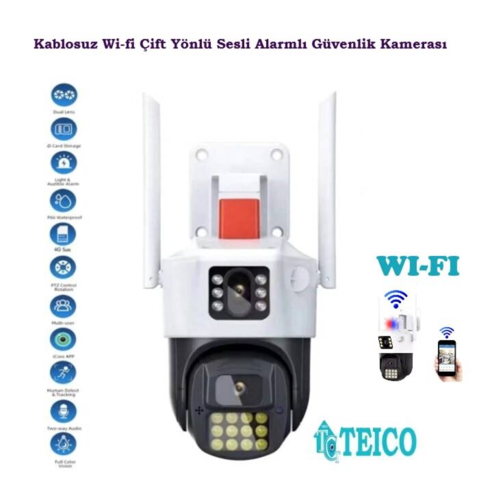 Teico-4233 Alarmlı WiFi Çift Kameralı Güvenlik Kamerası – Yapay Zekâ Destekli 9MP Akıllı Kamera - Görsel 2