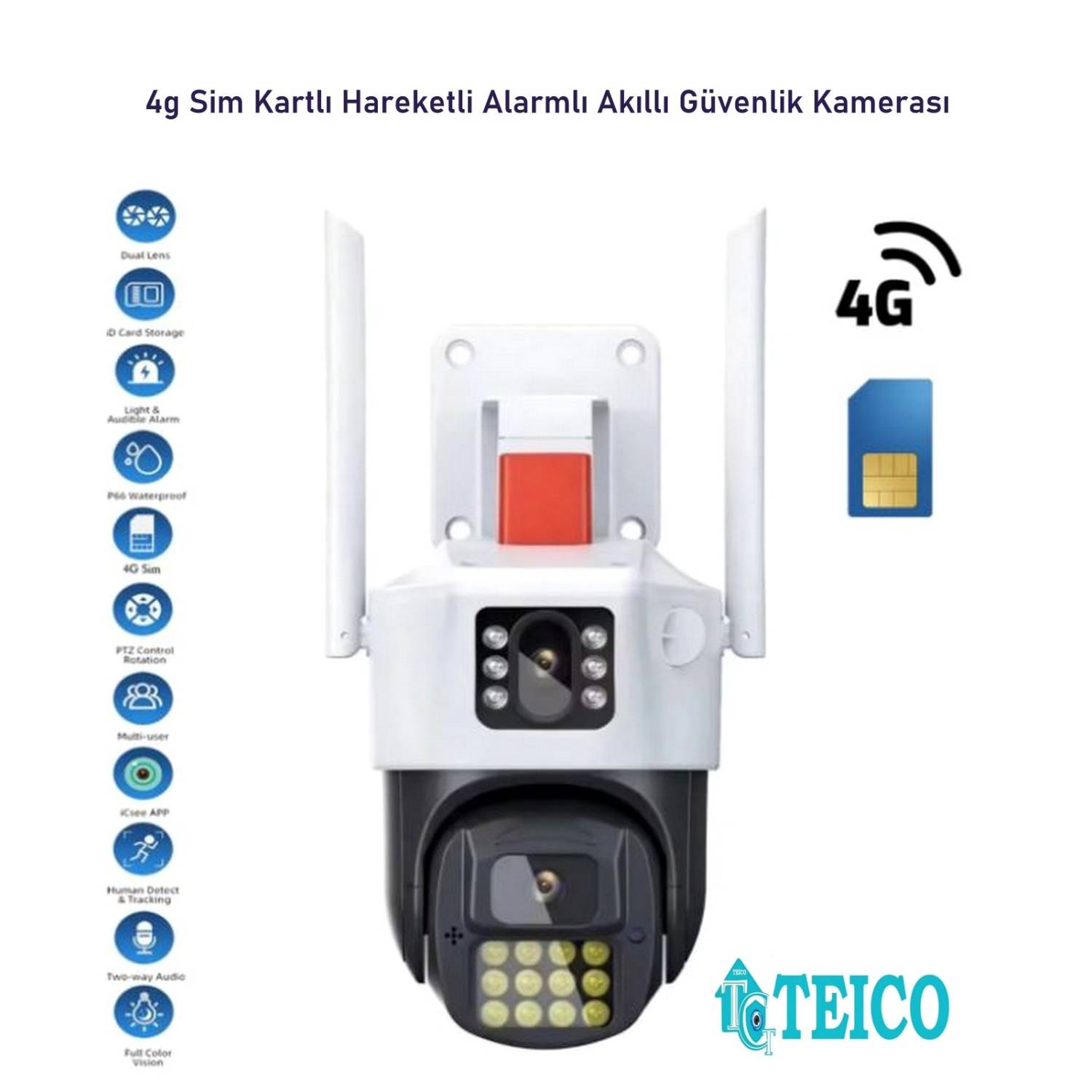 Çift Kameralı Adaptörlü 4g Sim Kartlı Hareketli Alarmlı Akıllı Güvenlik Kamerası Teico-4104 Çift Kameralı 4G SIM Kartlı Güvenlik Kamerası – Hareketli, Alarmlı, Dış Mekan (Teico-4104) - Görsel 1