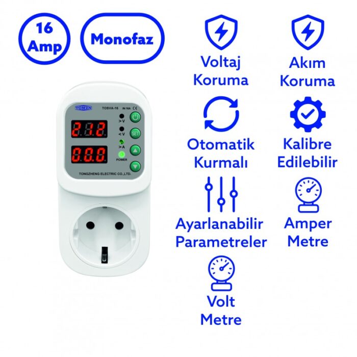 Tomzn 16A Akım Korumalı Akıllı Priz – Ayarlanabilir Voltaj ve Akım Koruma Prizi (Elektrik Bekçisi) - Görsel 2