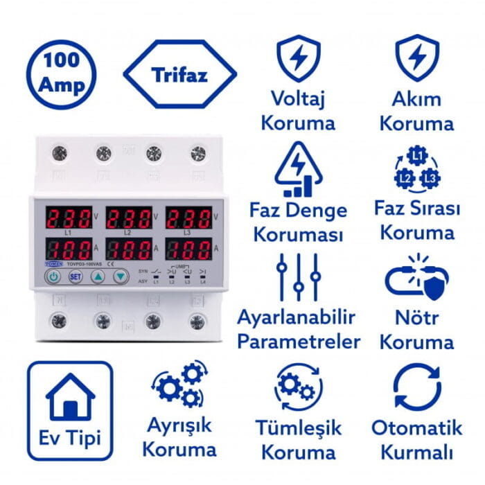 Tomzn 100A 3 Fazlı Akım ve Voltaj Koruma Rölesi – Trifaz Gerilim Koruyucu (DIN Ray Tipi) - Görsel 2
