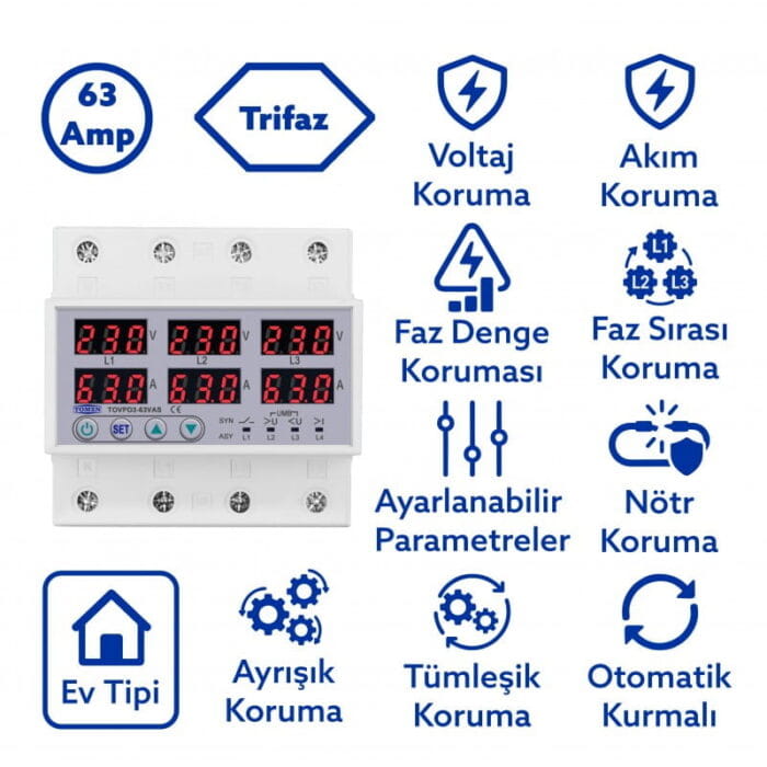 Tomzn 63A 3 Fazlı Akım ve Voltaj Koruma Rölesi – Trifaz Gerilim Koruyucu (Ayrışık Faz Koruma) - Görsel 2