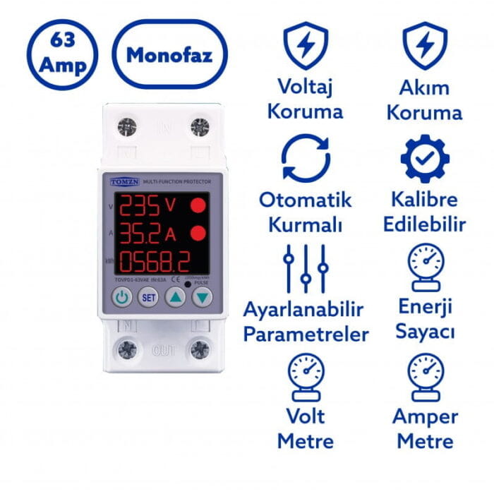 Tomzn 63A Monofaz Akım ve Voltaj Koruma Rölesi – Enerji Ölçerli Gerilim Koruyucu (TOVPD1-63VAE) - Görsel 2