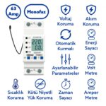 Tomzn Hiking DDS238-VAP-T 63A Sıcaklık Korumalı Voltaj ve Akım Koruma Rölesi – Dahili Kontaktörlü Akıllı Elektrik Bekçisi