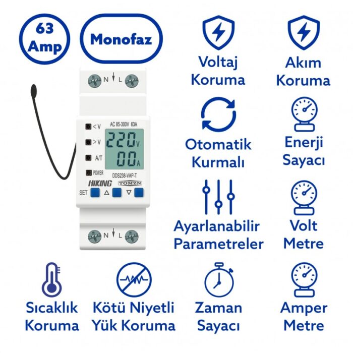 Tomzn Hiking DDS238-VAP-T 63A Sıcaklık Korumalı Voltaj ve Akım Koruma Rölesi – Dahili Kontaktörlü Akıllı Elektrik Bekçisi - Görsel 2