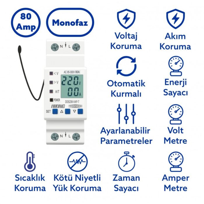 Tomzn Hiking DDS238-VAP-T-80A 80A Sıcaklık Korumalı Voltaj ve Akım Koruma Rölesi – Dahili Kontaktörlü Akıllı Elektrik Bekçisi - Görsel 2