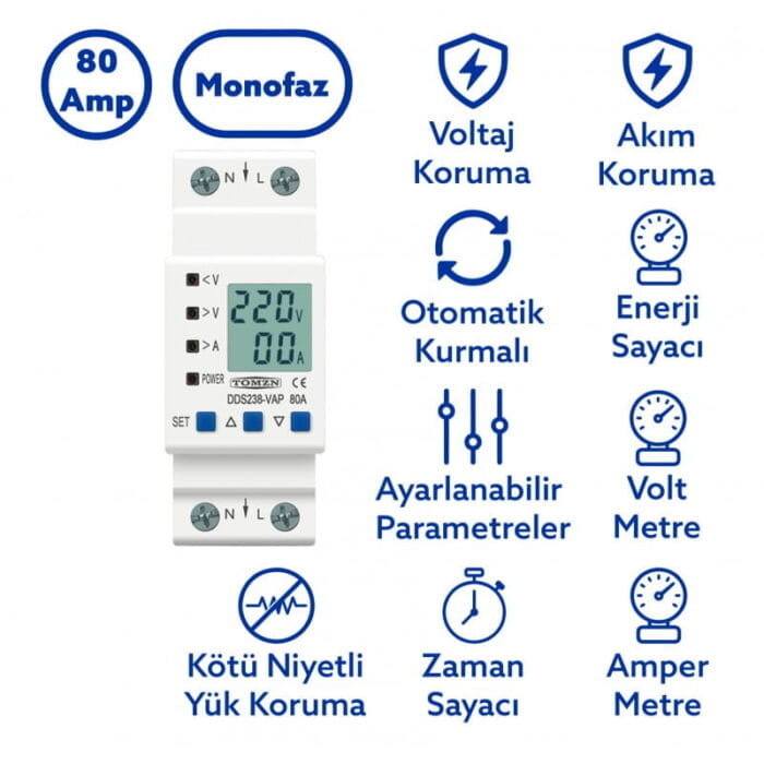 Tomzn DDS238-80VAP 80A Voltaj ve Akım Koruma Rölesi – Enerji Ölçerli Akıllı Gerilim Koruyucu - Görsel 2