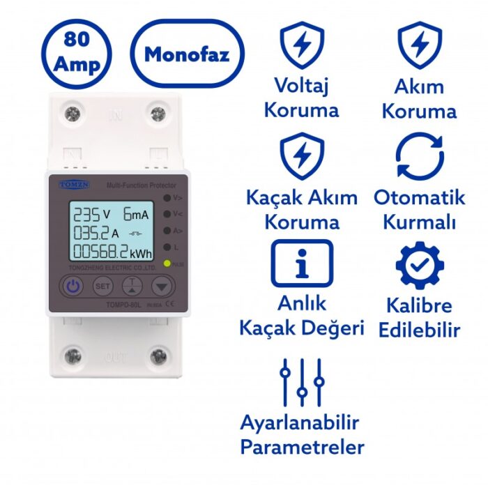 Tomzn 80A Kaçak Akım + Voltaj ve Akım Koruma Rölesi – Enerji Ölçerli Akıllı Koruma (TOMPD-L) - Görsel 2