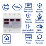 Tomzn 100A Otomatik Faz Seçici + Voltaj ve Akım Koruma Rölesi – 220V Akıllı Gerilim Koruyucu (TOVPD3-63VAYA)