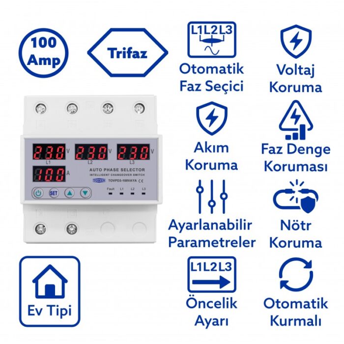 Tomzn 100A Otomatik Faz Seçici + Voltaj ve Akım Koruma Rölesi – 220V Akıllı Gerilim Koruyucu (TOVPD3-63VAYA) - Görsel 2