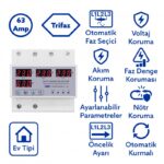 Tomzn 63A Otomatik Faz Seçici + Voltaj ve Akım Koruma Rölesi – Dahili Kontaktörlü (TOVPD3-63VAYA)