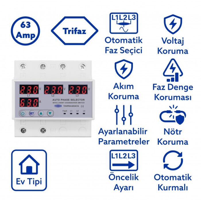 Tomzn 63A Otomatik Faz Seçici + Voltaj ve Akım Koruma Rölesi – Dahili Kontaktörlü (TOVPD3-63VAYA) - Görsel 2