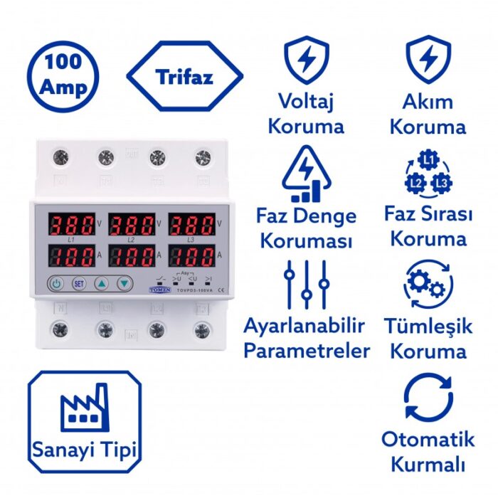 Tomzn Trifaz 380V 100A Voltaj ve Akım Koruma Rölesi – Sanayi Tipi 3 Fazlı Gerilim Koruyucu - Görsel 2