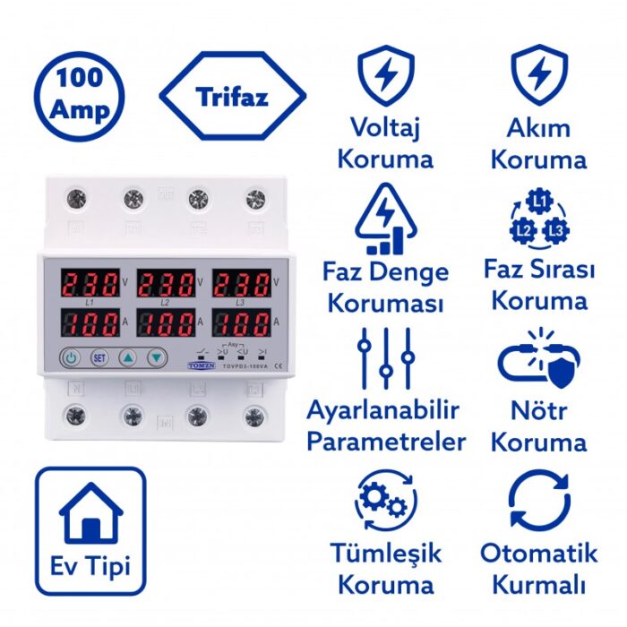 Tomzn 3 Faz 220V 100A Voltaj ve Akım Koruma Rölesi – Dahili Kontaktörlü Trifaz Elektrik Bekçisi - Görsel 2