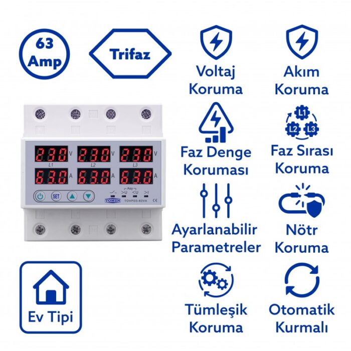 Tomzn 63A 3 Fazlı Voltaj ve Akım Koruma Rölesi – Dahili Kontaktörlü Trifaz Elektrik Bekçisi (Ev Tipi) - Görsel 2