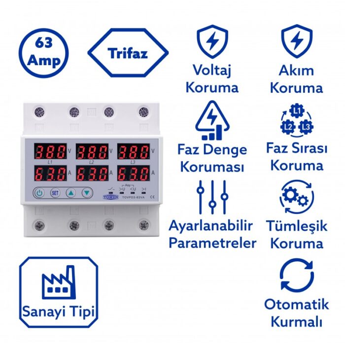 Tomzn Trifaz Nötrsüz 380V 63A Voltaj ve Akım Koruma Rölesi – 3 Fazlı Sanayi Tipi Gerilim Koruyucu - Görsel 2