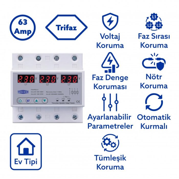 Tomzn 63A 3 Fazlı Voltaj Koruma Rölesi – Dahili Kontaktörlü Trifaz Gerilim Koruyucu (Ev Tipi - Görsel 2