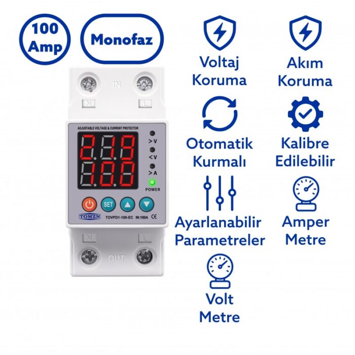 Tomzn 100A Voltaj ve Akım Koruma Rölesi – Dahili Kontaktörlü Elektrik Bekçisi (TOVPD1-100-EC) - Görsel 2