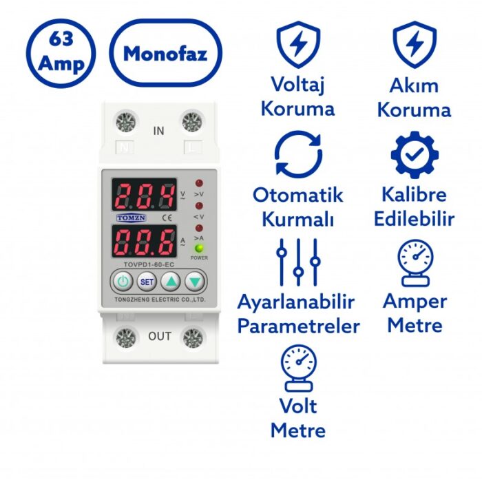 Tomzn 63A Voltaj ve Akım Koruma Rölesi – Elektrik Bekçisi (Yüksek / Düşük Gerilim Koruyucu) - Görsel 2