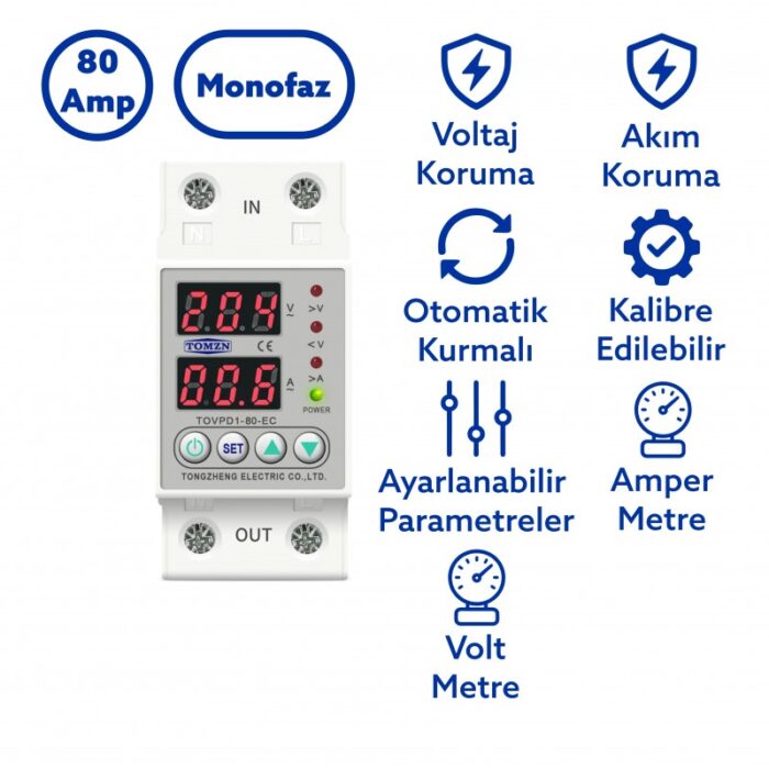 Tomzn Monofaz 80A Voltaj ve Akım Koruma Rölesi – Elektrik Bekçisi (Dahili Kontaktörlü) - Görsel 2
