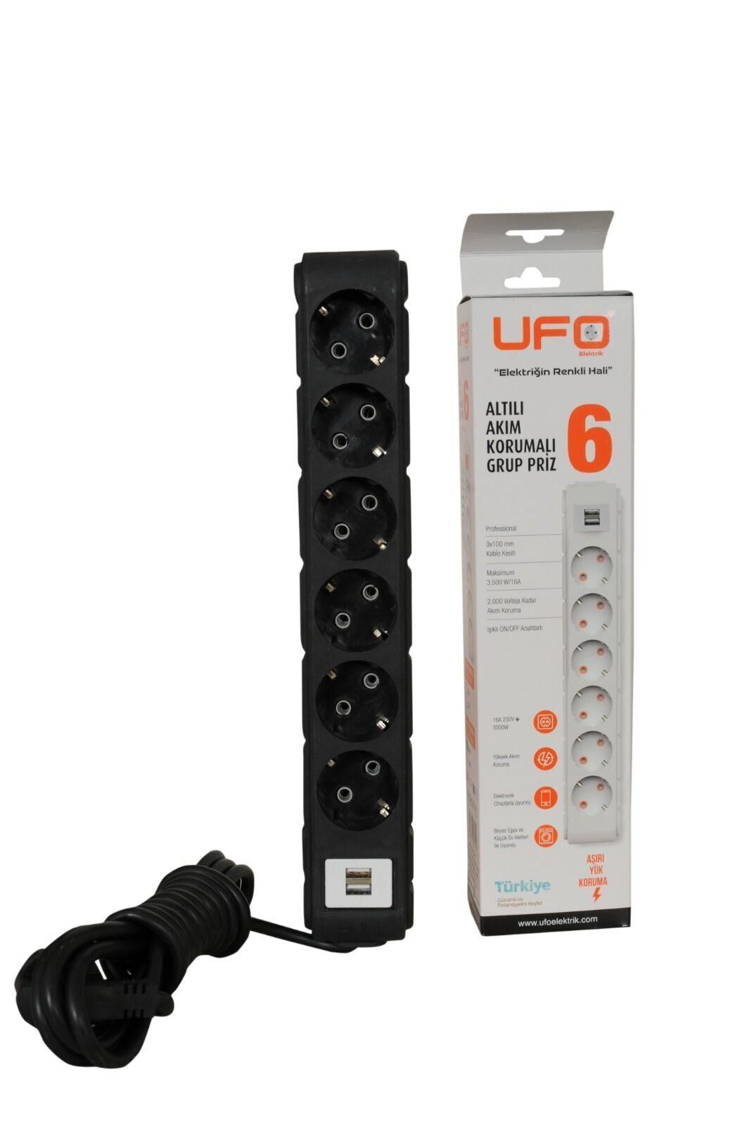 UFO 6 LI GRUP PRİZ USB AKIM KORUMALI 5 METRE SİYAH UFO 6'lı Grup Priz USB Akım Korumalı 5 Metre - Görsel 1