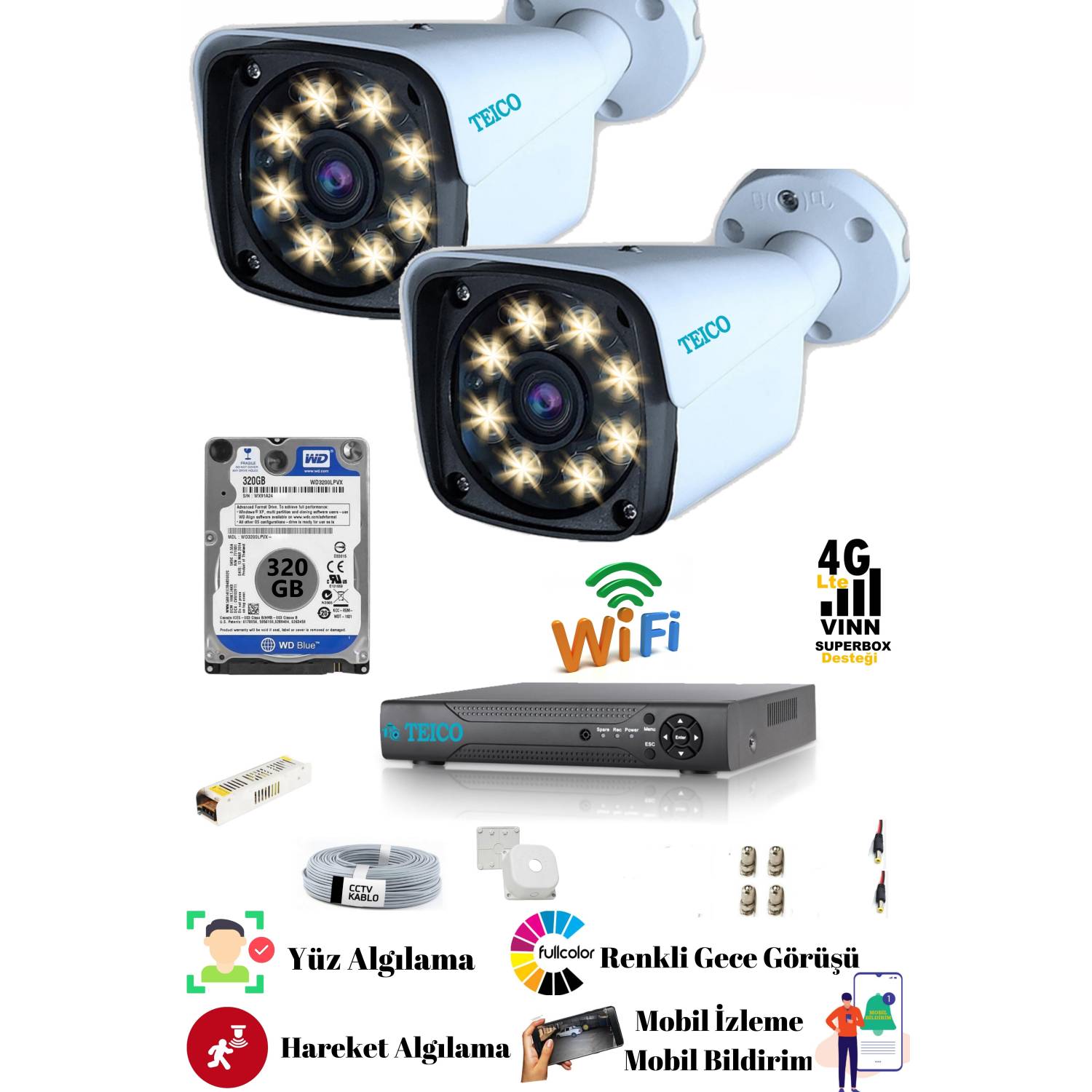 2 Kameralı 5 Mp Ultra HD Güvenlik Kamera Seti Teico- 6125N WarmLed Renkli Gece Görüşlü Su geçirmez Cepten İzleme XMEYE 2 Kameralı 5 MP Ultra HD Güvenlik Kamera Seti Teico-6125N 320 GB HDD Dahil Warm LED Renkli Gece Görüşlü XMEYE - Görsel 1