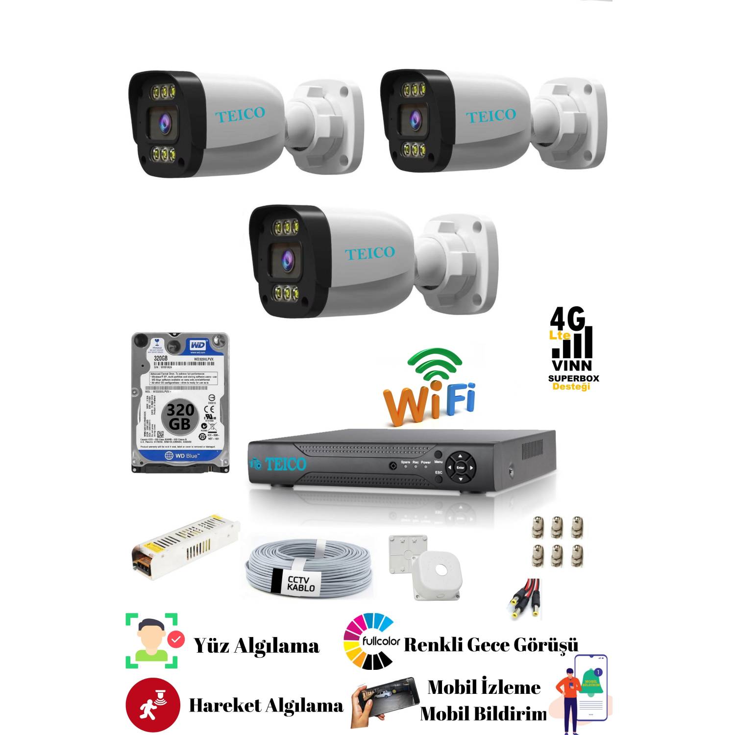 3-kamerali-bullet-guvenlik-seti-5-mp-1500x1500 5 MP Ultra HD 3 Kameralı Güvenlik Kamera Sistemi 320 GB HDD Dahil Warm LED Renkli Gece Görüşlü XMEYE | TEICO 6035N - Görsel 1