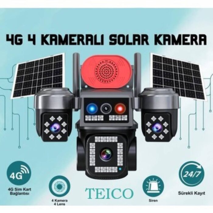 4 Kameralı PTZ Sim Kartlı Solar Güvenlik Kamerası 9 MP Güneş Enerjili 4G Teico-4034 - Görsel 2