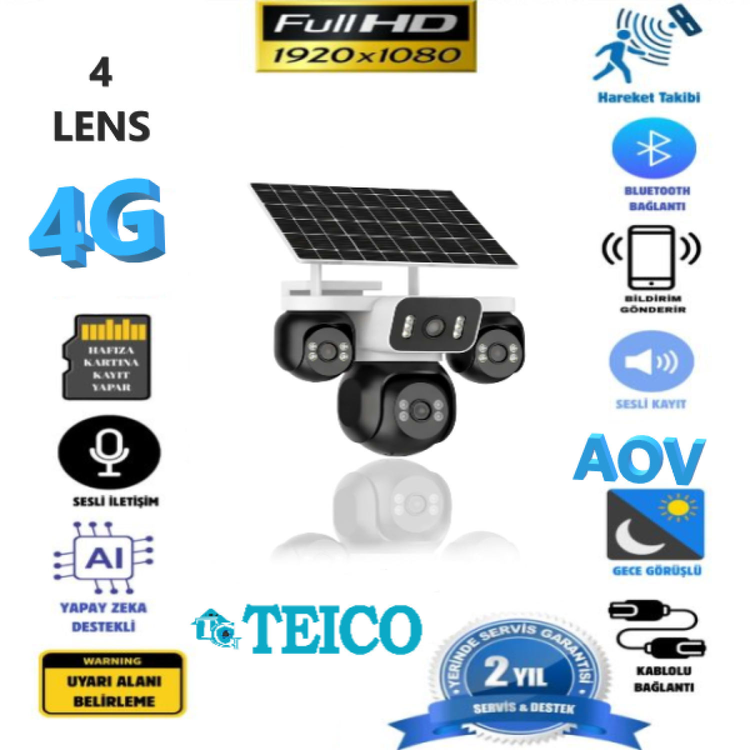 4 Kameralı Tek PTZ Solar Güneş Enerjili Sim Kartlı Kamera Teico-4214 4 Kameralı Tek PTZ Solar Güneş Enerjili E-SIM Destekli 4G Güvenlik Kamerası 8 MP Teico-4214 - Görsel 1
