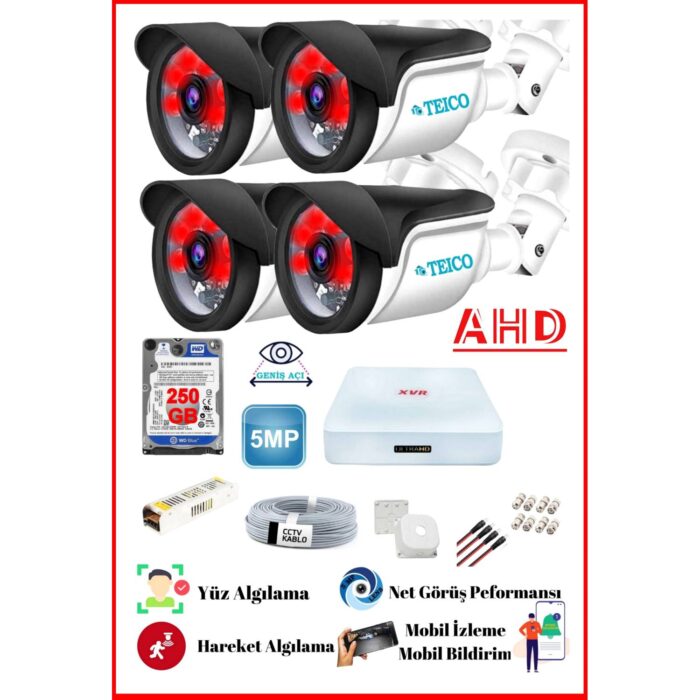 5 MP 4 Dış Mekan Kameralı 250 GB HDD Her Şey Dahil AHD Güvenlik Seti Teico-6525 - Görsel 2
