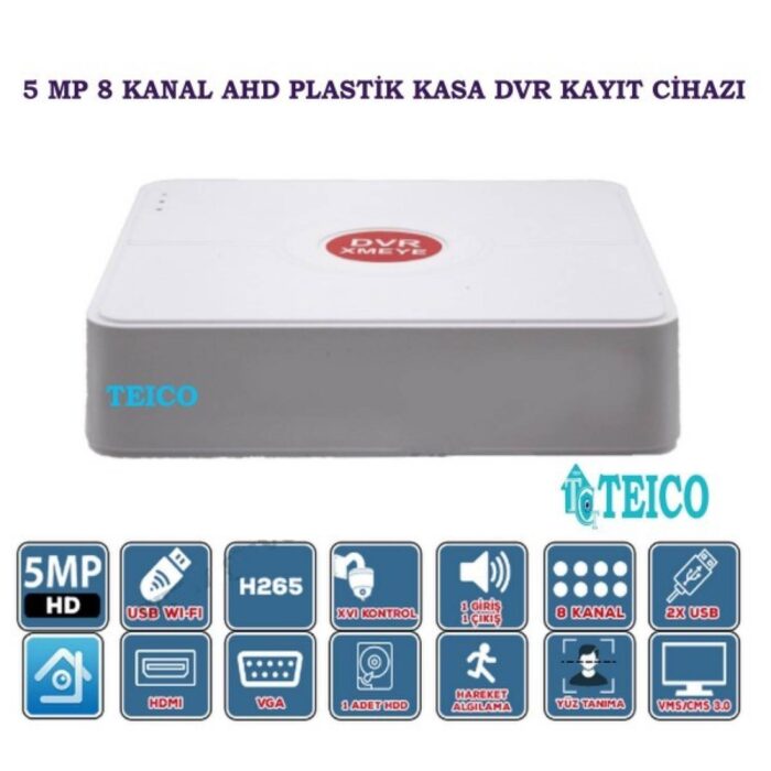 5 MP 8 Kanal AHD Hibrit Kamera Kayıt Cihazı DVR Teico-7850 XMEYE H.265+ Plastik Kasa - Görsel 2
