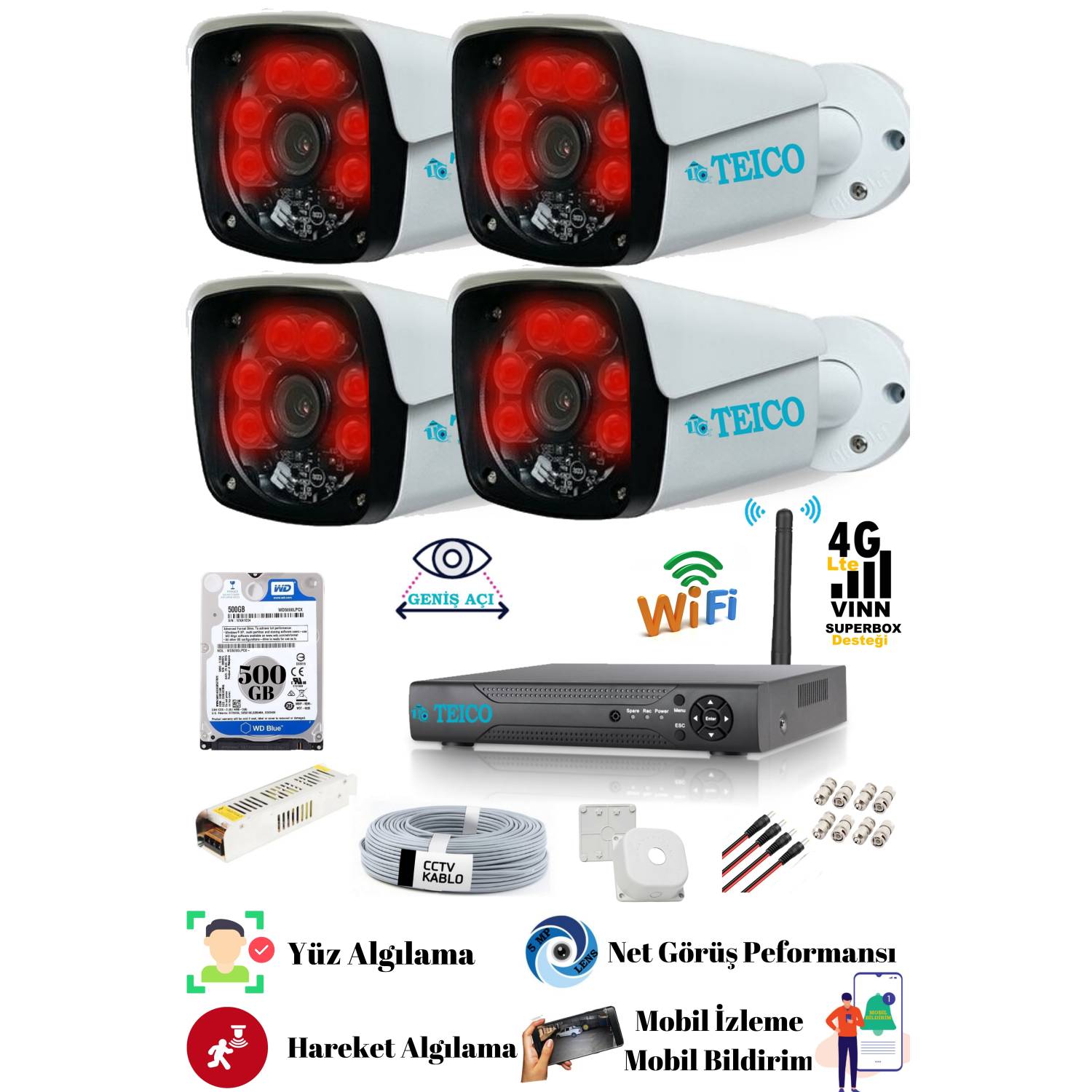 5 Mp 4 Metal Kameralı Ultra Hd Güvenlik Kamera Seti Teico- 6420N Su geçirmez Gece Görüşlü 500 GB HDD Dahil 5 MP 4 Metal Kameralı Ultra HD Güvenlik Kamera Seti Teico 6420N 500 GB HDD Dahil XMEYE - Görsel 1