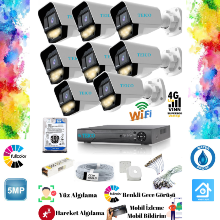 5 MP Ultra HD 1920P 8 Kameralı Güvenlik Kamera Seti Teico-60485 WarmLed Renkli XMEYE - Görsel 2