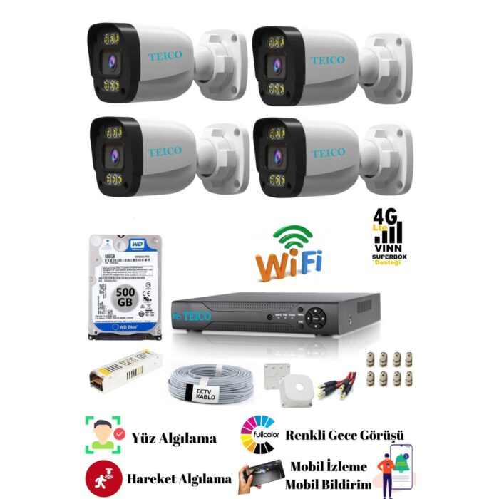 5 MP Ultra HD 4 Kameralı Warm LED Güvenlik Kamera Sistemi Teico-6045N 500 GB HDD Dahil XMEYE Renkli Gece Görüşlü - Görsel 2