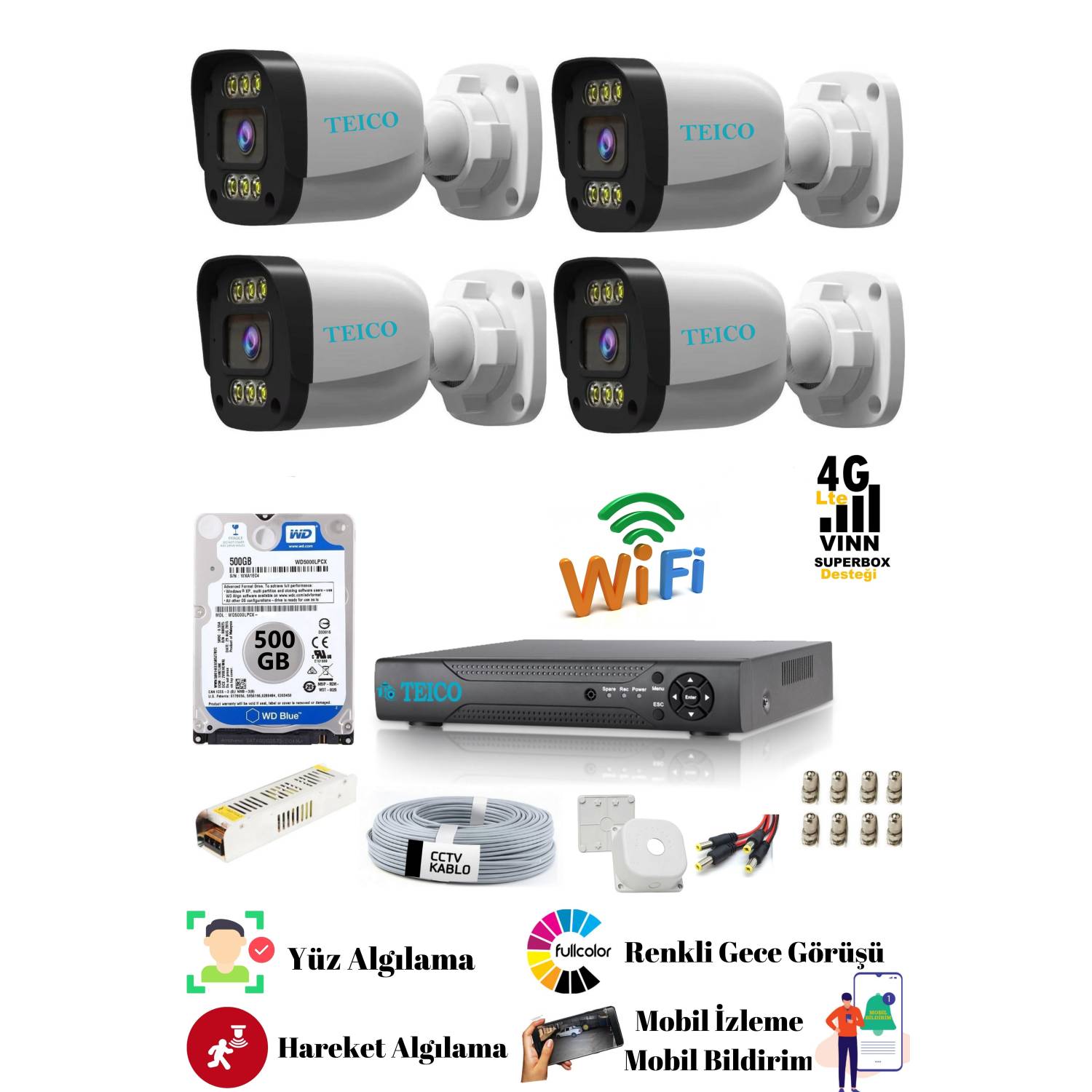 5 Mp Ultra HD 4 Kameralı Warm Led Güvenlik Kamera Sistemi Teico- 6045N 500 GB HDD Dahil Renkli XMEYE 5 MP Ultra HD 4 Kameralı Warm LED Güvenlik Kamera Sistemi Teico-6045N 500 GB HDD Dahil XMEYE Renkli Gece Görüşlü - Görsel 1