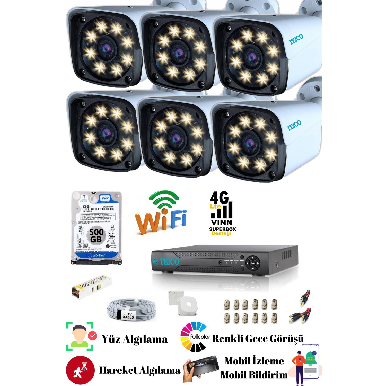 6 Kameralı 5 Mp Ultra HD Güvenlik Kamera Seti Teico- 6165N WarmLed Renkli Gece Görüşlü Su geçirmez Cepten İzleme XMEYE 6 Kameralı 5 MP Ultra HD Güvenlik Kamera Seti Teico-6165N Warm LED Renkli Gece Görüşlü IP66 Su Geçirmez XMEYE 500 GB HDD Dahil - Görsel 1