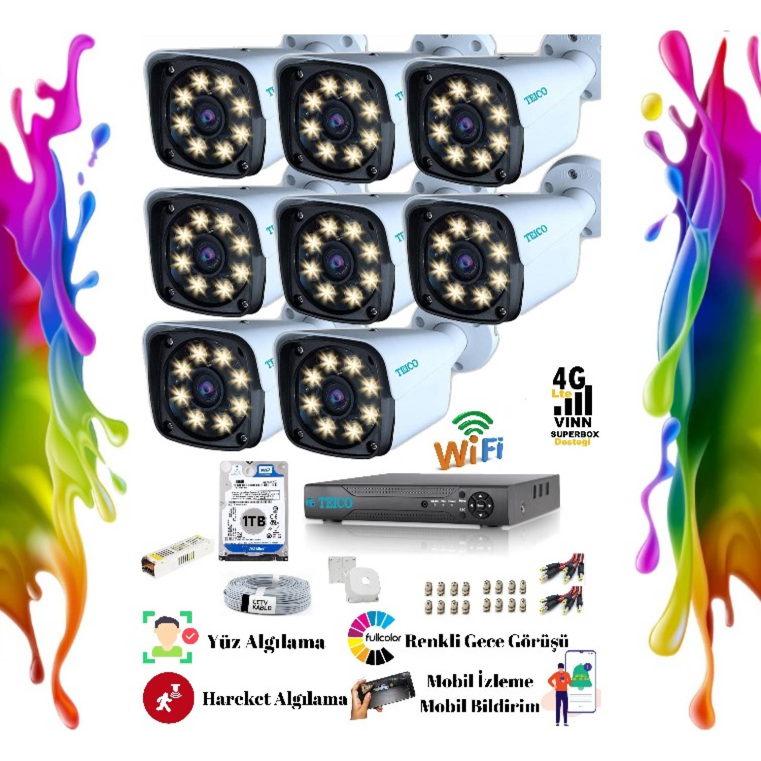 8 Kameralı 5 Mp Renkli Güvenlik Kamera Seti 1 TB HDD Dahil Teico- 6185N 8 Kameralı 5 MP Ultra HD Warm LED Renkli Güvenlik Kamera Seti Teico-6185N 1 TB HDD Dahil XMEYE - Görsel 1