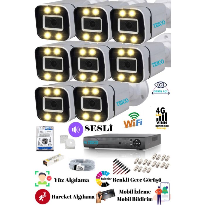 8 Kameralı 5 MP Ultra HD Sesli Güvenlik Kamera Seti Teico-6805N Warm LED Renkli Gece Görüşlü IP66 Su Geçirmez XMEYE 500 GB HDD Dahil - Görsel 2