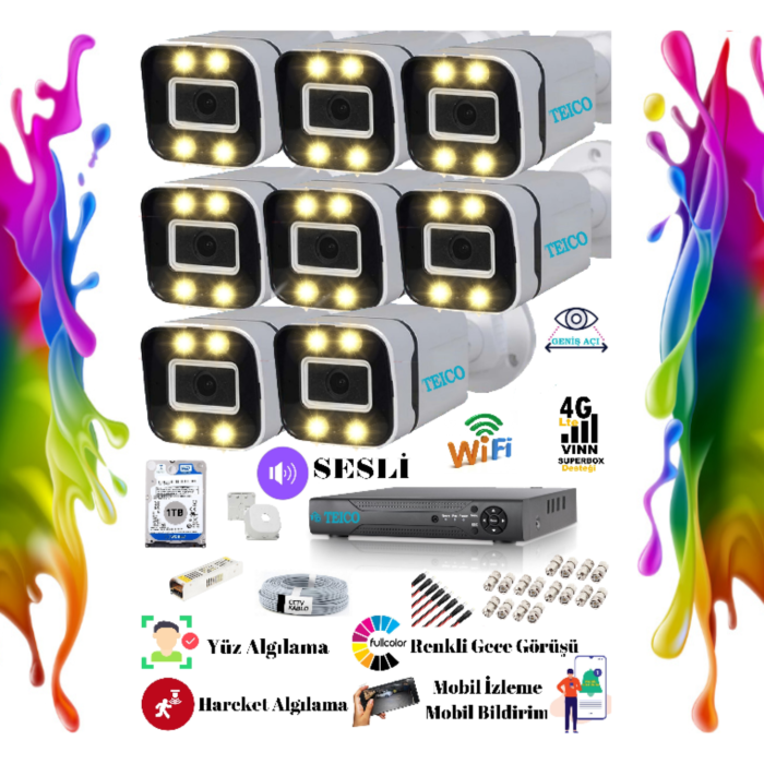 8 Kameralı 5 MP Ultra HD Warm LED Renkli Sesli Güvenlik Kamera Seti Teico-6805N XMEYE 1 TB Harddisk Dahil - Görsel 2