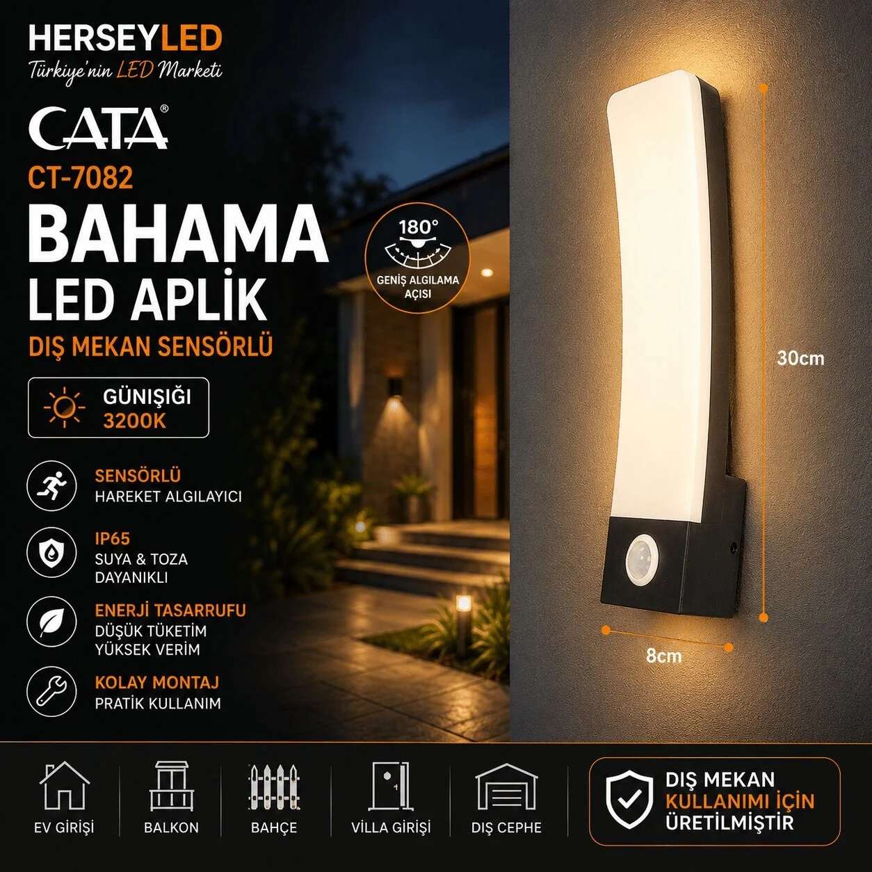 Cata Bahama Led Aplik CT-7082 Cata Bahama LED Aplik 30W Gün Işığı Hareket Sensörlü CT-7082 - Görsel 1